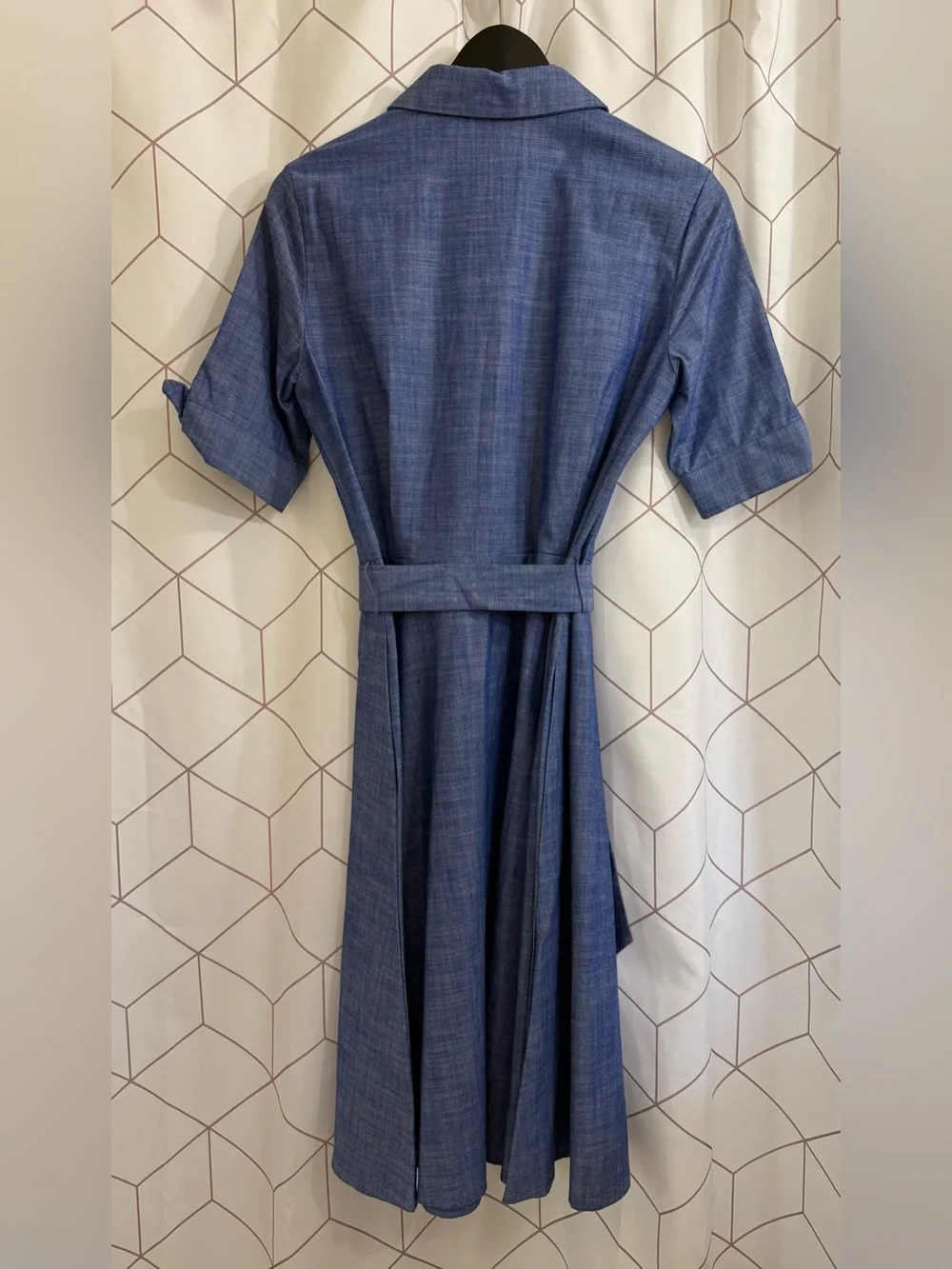 Calvin Klein Chambray Blue Midi Shirt Dress with Tie Belt and Pockets - Picture 2 of 3